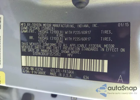 2015 Toyota Sienna Xle 8 Passenger z USA, uszkodzony, nr VIN 5TDYK3DC0FS575952